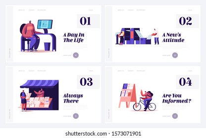 People Create and Distribute Typography Production Website Landing Page Set. Print House Workers Printing Newspapers Salesman Sell Magazines on Street Web Page Banner. Cartoon Flat Vector Illustration