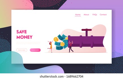 People Create Finance Capital, Wealth and Investment, Money Flow Landing Page Template. Tiny Characters Open Huge Pipe with Dollar Bills and Golden Coins Streaming Out. Cartoon Vector Illustration