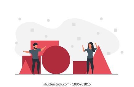 People create geometric shapes together. Business company create concept with geometric shape. Man and woman cooperation vector illustration