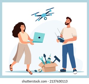 People Create Invention.Robotics Class.Computers Tech Landing Page Template.Man,Woman with Remote Control Presenting Flying Robot or Quadcopter,Constructor Innovation.Cartoon Flat Vector Illustration