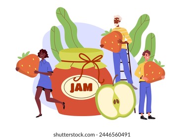 People create jam concept. Men and woman with fruits and strawberries. Dessert and delicacy from natural and organic products. Cartoon flat vector illustration isolated on white background