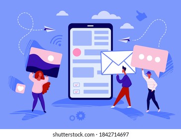 People create online content vector illustration. Cartoon creator characters holding pictures, document files in hands, standing next to big smartphone, creative creation for blog concept background
