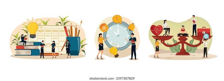 People create online schedules near the ledger. People planning and organizing schedule, work task and time management strategy. Comparison business stress and healthy life. 