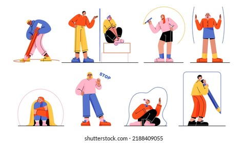 People create personal space, barriers, privacy or boundary to limit access and protect from outer world. Introvert characters drawing borders to stay in safe zone, Line art flat vector illustration
