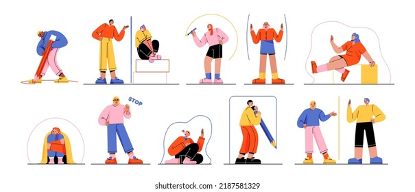 People create personal space, privacy and boundary to limit access and protect from outer world. Introvert characters drawing circles and lines to stay in safe zone, Line art flat vector illustration
