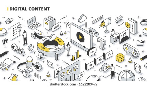 People Create And Promote Visual And Interactive Digital Content To Engage Audiences, Reach New Markets & Provide Value To Customers. Content Marketing Technology. Isometric Outline Illustration