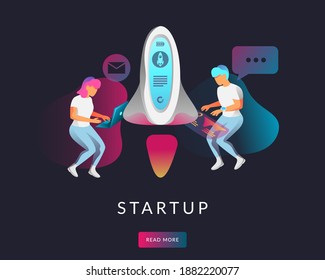 People create startup illustration. Data analysis and office illustration. 3D Isometric vector illustration. Mobile application and website header images on dark background.