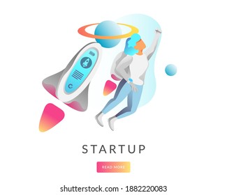 People create startup illustration. Data analysis and office illustration. Flying people in the space illustration. Mobile application and website header images on white background.