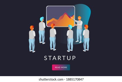 People create startup illustration. Data analysis and office illustration. Presentation illustration. Mobile application and website header images on dark background.