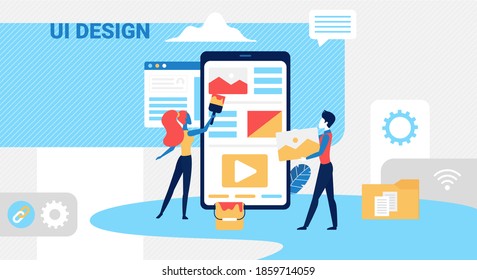 People create ui design concept vector illustration. Cartoon tiny designer team working on creative user application interface for smartphone, developer character creating modern mobile app background