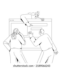 People create the UX design of a website. Vector illustration in outline.