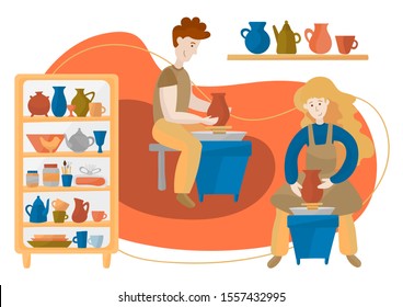 People create a vase on a pottery wheel. Pottery wheel and ceramics. Illustration of an article, postcard, flyer, poster. A man and a woman create a handmade clay pot. Cupboard with pottery and tools.