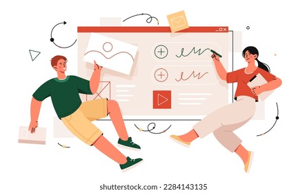 People create website. Man and woman develop interface for page. Team of designers and freelancers. UI and UX design for mobile application and program. Cartoon flat vector illustration