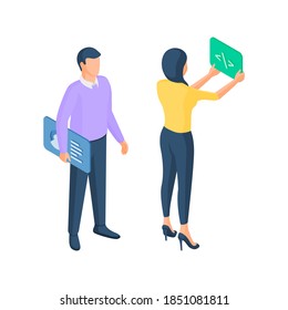 People create website with personal account, isometric vector illustration. Female and male characters programming application traffic and create interface. Online designer teamwork with apps.