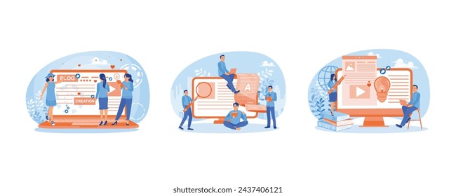 People creates web page. Uploading on social media. Creating content with creative ideas. Blog Creation concept. Set flat vector illustration.