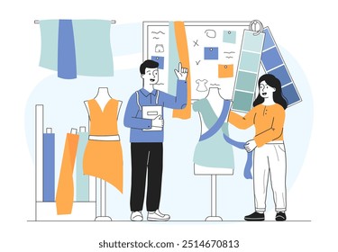 Personas creando ropa. Hombre y mujer cerca de maniquí con vestido. Equipo de diseño de moda. Costurera y costura. Estética y elegancia. Ilustración vectorial lineal aislada sobre fondo blanco