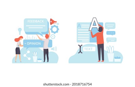 People Creating Digital Content, Client Service Feedback, Technology Process of Software Development Flat Vector Illustratio