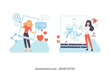 Personas creadoras de contenido digital, proceso tecnológico de desarrollo de software, empresario de marketing de medios sociales trabajando en optimización de SEO, ilustración de vector plano
