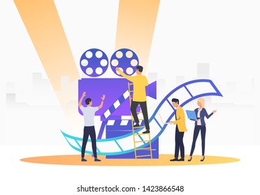 People creating film. Camera, scenario, actors. Filmmaking concept. Vector illustration for presentation slide, poster, new project