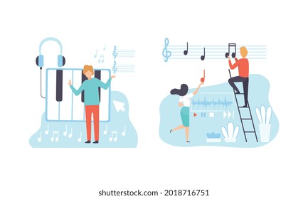 People Creating Musical Content, Social Media Marketing, People Working on SEO Optimization, Digital Content Flat Vector Illustration