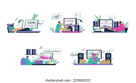 People creating and recording music with professional equipment, flat vector illustration isolated on white background. Set of sound designers working in studio on computer. Sound production concept.