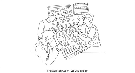 people creating a task plan in a spreadsheet and a calendar continuous single line art drawing sketch on white background
