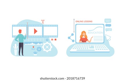 People Creating Video Content, Commercial Blog Posting Technology Process Flat Vector Illustration
