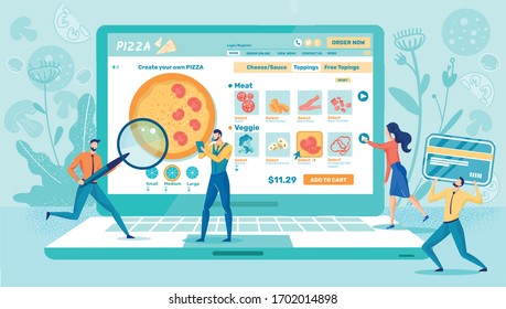 People Creating Website for Pizza Delivery. Small Man Holding Magnifying Glass Checking Content, Woman Testing Button, Guy Holding Big Credit Card Flat Cartoon Vector Illustration.