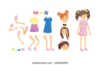 People creation kit, cartoon character constructor. Body parts, face, facial expressions, body gesture, hairstyle. Baby girl, kid, teen, children in details. Animation creation set vector