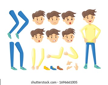 People Creation Kit, Cartoon Character Constructor. Body Parts, Face, Facial Expressions, Body Gesture, Hairstyle. Young Boy, Kid, Teen, Children In Details. Animation Creation Set Vector