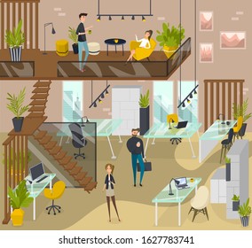 People in creative coworking area, modern workplace vector illustration. Men and women freelance workers in modern open space, shared workplace. Coworking concept, cartoon characters creative business