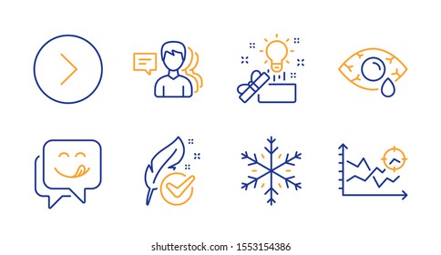 People, Creative idea and Forward line icons set. Yummy smile, Snowflake and Hypoallergenic tested signs. Ð¡onjunctivitis eye, Seo analysis symbols. Support job, Present box. Business set. Vector