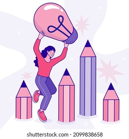 People with creative idea icons. Tiny young woman carry big light bulb. Concept of creativity, creative thinking, innovative, innovation, inspiration for artist, creator. Flat color vector.