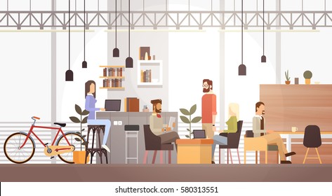 People In Creative Office Co-working Center University Campus Modern Workplace Interior Flat Vector Illustration