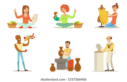 People of Creative Professions and Hobbies Set, Sewing, Embroidering, Making Ceramic Pots, Making Sculpture, Aeromodelling Vector Illustration