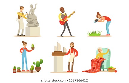 People of Creative Professions and Hobbies Set, Making Model of Sail Boat, Knitting, Planting Succulents, Playing Guitar, Photographing Vector Illustration
