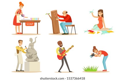 People Of Creative Professions And Hobbies Set, Men And Women Making Homemade Soap, Carving, Making Origami Cranes, Playing Guitar, Photographing Vector Illustration