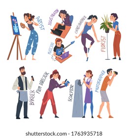 People of Creative Professions Set, Artist, Illustrator, Choreographer, Florist, Barber, Film Director, Sculptor, Photographer Cartoon Style Vector Illustration