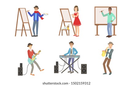 People of Creative Professions Set, Artists Painting on Canvas and Musicians with Musical Instruments Vector Illustration