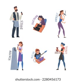 People of creative professions set. Barber, illustrator, vocalist, sculptor, musician, gonchar cartoon vector illustration