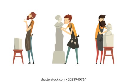 Escultores hombres que trabajan en obras maestras de mármol ilustraciones de vectores de dibujos animados