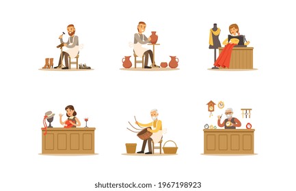 People of Creative Professions Set, Potter, Seamstress, Hat Designer, Watchmaker Cartoon Vector Illustration