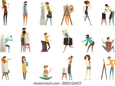 People of Creative Professions Set, Sculptor, Painter, Craftsman, Artistic People Characters Cartoon Vector Illustration