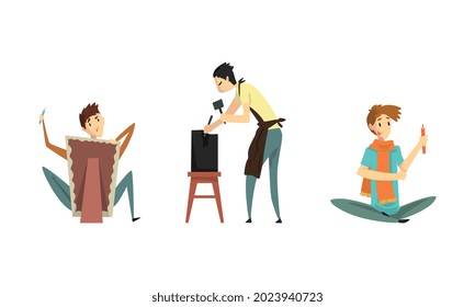 People of Creative Professions Set, Sculptor Working on his Sculpture, Artist Painting on Canvas Cartoon Vector Illustration