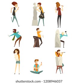 People of creative professions set, talented artists and sculptors characters, creative artistic hobby or profession vector Illustration on a white background