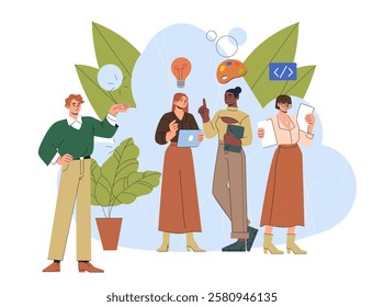 People with creative skills. Man and women with various hobbies and leisure. Creativity, painting and programming. Talented workers and employees. Flat vector illustration