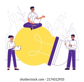 People creative thinking, business idea searching, brainstorming. Brilliant idea light bulbs metaphor vector background illustration. Great idea concept