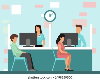 People at credit department in bank office vector illustration. Man and woman are sitting in bank office near managers. Businesspeople at bank interior.