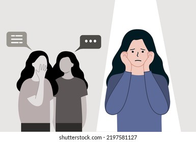 People criticising Young teenage girl. Depressed victim Girl being bullied at school. Education, discrimination, harassment , bullying, abuse concept. Flat cartoon people vector illustration.