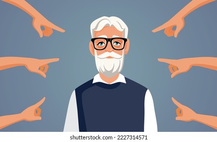 
People Criticizing an Elderly Man Vector Cartoon Illustration. Senior worker being discriminated because of agist shameful attitude 
